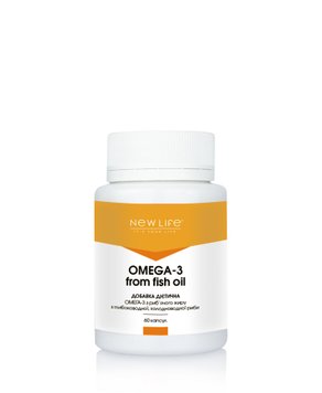 Omega-3 from fish oil Омега-3 дієтична добавка з риб'ячого жиру глибоководної, холодноводної риби, 60 капсул в баночці 500 mg New Life  4820258110179 фото