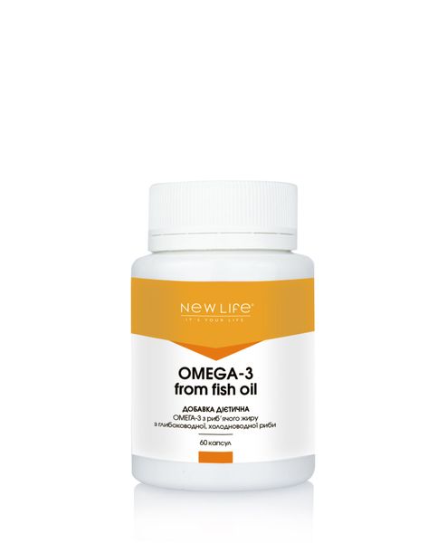 Omega-3 from fish oil Омега-3 дієтична добавка з риб'ячого жиру глибоководної, холодноводної риби, 60 капсул в баночці 500 mg New Life  4820258110179 фото